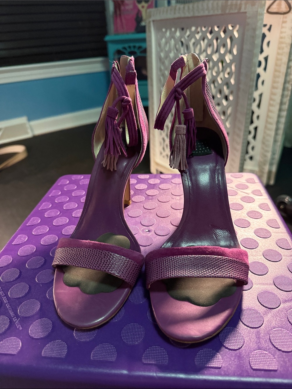 White House Black Market Purple Tassel Ankle-Strap Stiletto Sandals - Picture 2 of 5